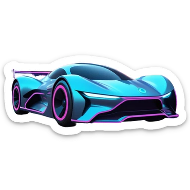 A futuristic racing car with glowing neon lights, sleek aerodynamic design, and a cyberpunk cityscape in the background. The car is speeding through a neon-lit street with high-tech buildings and holograms." sticker
