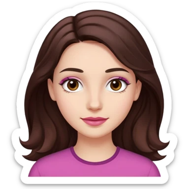 Tom de pele: clara com fundo rosado
Cabelos: longos, castanho escuro, levemente ondulados
Sobrancelhas: bem definidas e cheias
Olhos: castanhos claros (podem ser destacados com brilho)
Traços marcantes: lábios cheios e sorriso suave sticker