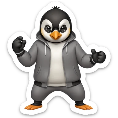 friendly anthropomorphised penguin wearing a mafia-style tracksuit, secretive scheming pose, soprano vibe, angry expression, running aggressively, holding a knuckle duster sticker