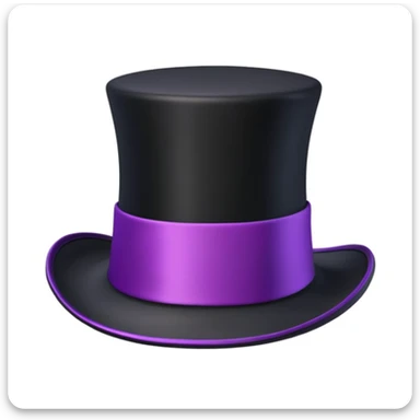 3D apple-style emoji of a tall vintage black top hat with a wide brim and a bright purple ribbon, smooth slightly glossy surface, simplified shapes, cartoon-like look, soft shadows, white background sticker