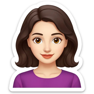 Warm enthusiastic woman with light skin, oval face, soft defined features, large expressive brown eyes, medium arched eyebrows, small nose, medium lips with relaxed smile, long wavy dark brown hair styled simply, wearing a soft vibrant colored elegant blouse sticker