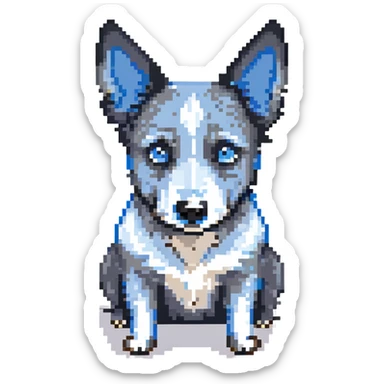 pixel art black grey and white blue heeler dog standing with alert ears simple background sticker