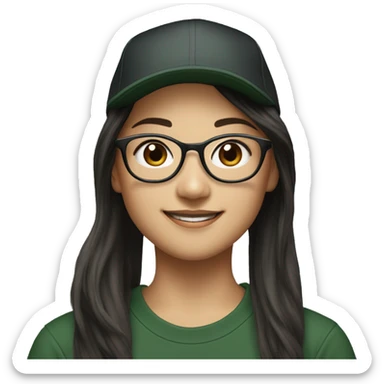 Hyper realistic, look from side, asian girl, light white skin, smiling with teeth, black eyes, spotted frame glasses, long brown straight hair with highlighted strands, black T-shirt, dark green cap. sticker