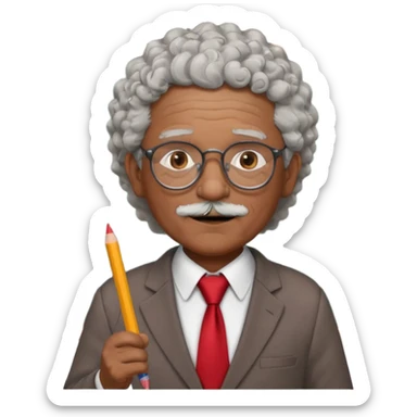 old man teacher, brown skin, curly grey white hai, wearing glasses, brown suit, red tie hold chalk on hand sticker