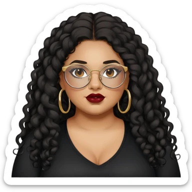 teen big plus size, latina, darker tan skin, gold hoops, long black curly hair, baddie,pretty, makeup, dark red lipgloss, black eyeliner, long hair, black shirt, black glasses sticker