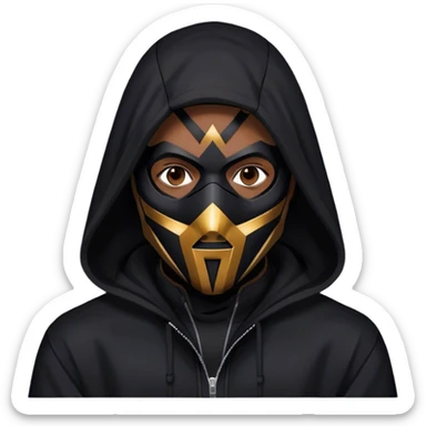 man with black hooded jacket and a full-black full-face geometric mask sticker