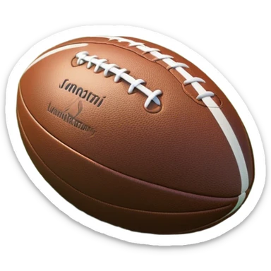 Cinematic Realistic image of a rugged rugby ball with detailed leather textures and precise stitching, rendered against a sunlit field backdrop with dynamic natural lighting that emphasizes its robust character sticker