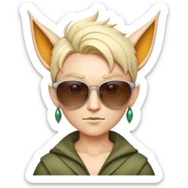 Create a fantasy-style emoji of a character inspired by the high Fae archetype, featuring pointed ears and sharp, majestic features. The emoji should be wearing oversized, stylish sunglasses, adding a touch of modern flair. Make sure the expression is confident and slightly enigmatic, perfect for conveying a sense of mystery and charm in digital conversations. sticker