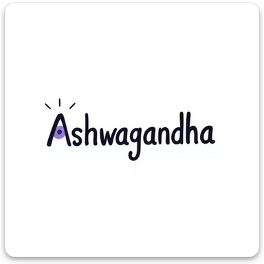 The word "Ashwagandha" hand-drawn in a cool blue and purple color palette. Simple doodle style with minimal decoration. sticker