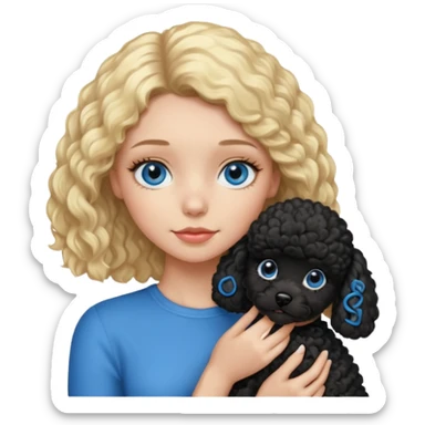 blonde girl with blue eyes holding black puppy poodle sticker