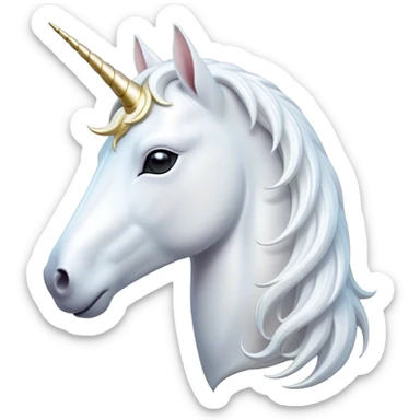 Cinematic Noble White Unicorn Portrait Emoji, Poised and regal, with a slender, ethereal form draped in a pristine white color, a flowing mane and tail, and a glistening, spiraled horn that radiates pure light, Simplified yet sharp and sophisticated features, highly detailed, glowing with a soft, iridescent luminescence, high shine, intelligent and transcendent, stylized with an air of mythical enchantment, focused and serene, soft glowing outline, capturing the essence of a watchful and confident white unicorn that appears ready to prance out of the screen with magical grace! sticker