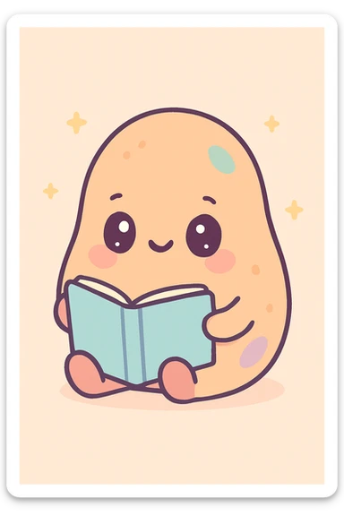 a kawaii style potato reading a book, cute and charming sticker