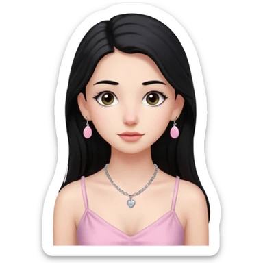 Menina branca ,cabelos pretos longos, olhos pretos puxados para cima. Cílios longos, lábios grossos ,nariz pequeno.vestido rosa claro de alça. Colar e brinco prata pontinho pequeno. Jovem  de 16 anos  sticker