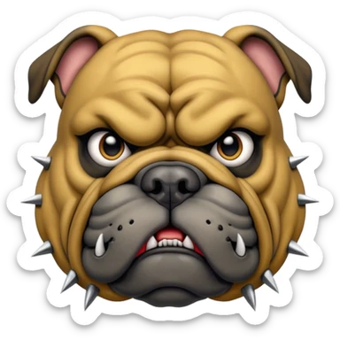 Create a fierce bulldog head emoji facing forward.
Strong jaw, deep wrinkles, and an intense scowl.
slight underbite with two visible fangs.
Blk & Gold gray fur with bold highlights and shading for depth.
Add a thick spiked collar (red or black) with shiny metallic spikes.
 sticker