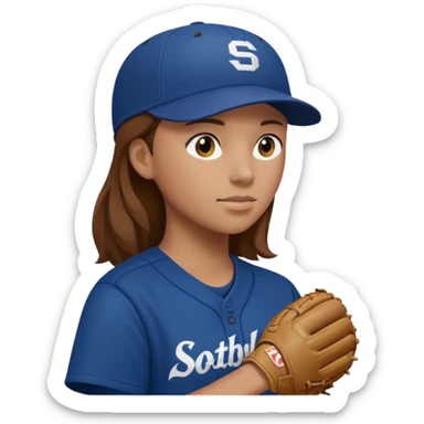 Softball pitcher pitching the ball from side view with brown hair and dark blue jersey and no hat and a face guard sticker