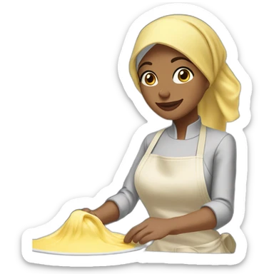 A light skin coloured hijabi wearing an apron while mixing cake batter standing behind a messy kitchen counter with ingredients  sticker