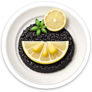 cinematic-realistic-black-risotto-dish,-showcasing-dramatic-lighting in a white plate with a single slice of grilled lemon on top sticker