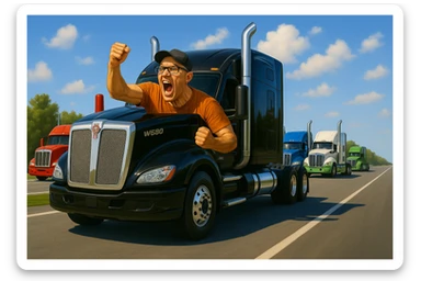 Enhance the image to be crisper and brighter, with vivid colors and sharp details. Make the highway scene with multiple semi trucks look more vibrant and clear, maintaining a realistic and detailed style. sticker