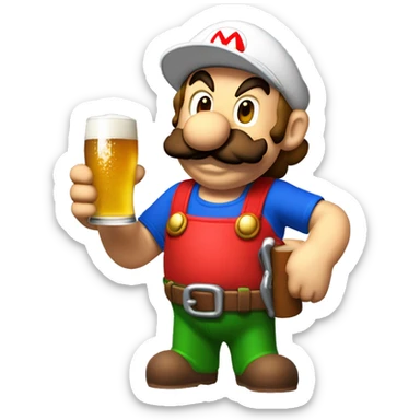 Mario plumber drinking beer with a shirt that says “HOPE” with a pipe wrench logo sticker