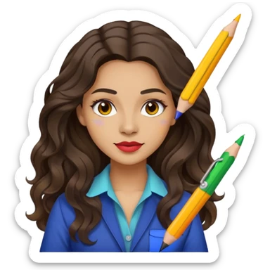 female dark wavy long hair graphic designer , color wheel, pens, papers sticker