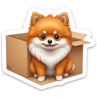 A very cute young pomeranian  with one's head tilted to one side poked its paws out of the cardboard big box and placed them on top of it sticker