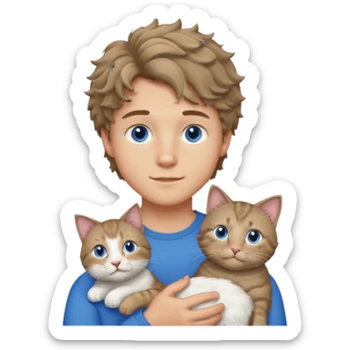 20 year old boy with slightly curly dark blonde hair and blue eyes with cat sticker