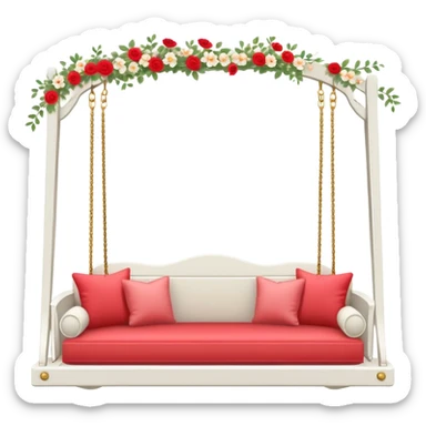 Romantic white wooden pastel-red cushions couch-swing with tiny gold flowers around sticker