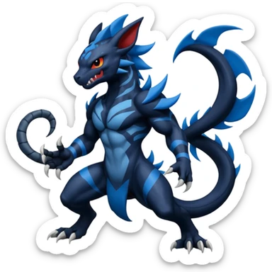Black and Blue Venom-Stitch-WereGarurumon-Zekrom-Salandit-Sneasel-fusion, full body, tribal markings  sticker