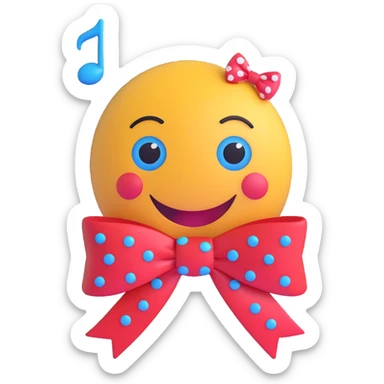 3D smiley emoji, large eyelashes, red polka dot bow, confused, one eyebrow raised, blue eyes, musical notes sticker