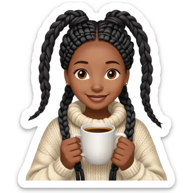 A dark-skinned Black woman with long black box braids, holding a steaming coffee cup with both hands, wearing a cozy sweater, smiling. sticker