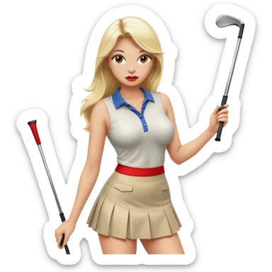 Sexy blond female. Long hair. Red lips. Big boobs. Naked boobs. Short skirt. Playing golf. Sexy pose sticker