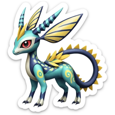 zig-zag-patterned tribal tropical hot spotted Meloetta-Dialga-Giratina-Silvally-Noibat-Pokémon-Fakémon-fusion-hybrid-creature sticker