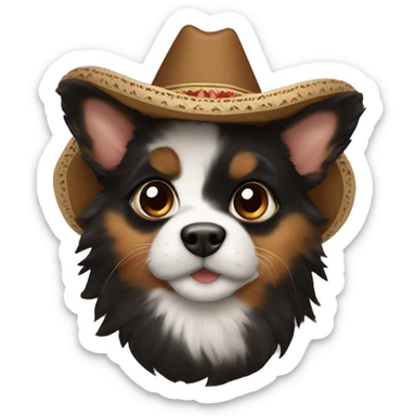 A black and brown tortoiseshell pointy ear puppy without white with pointy ears wearing a sombrero  sticker