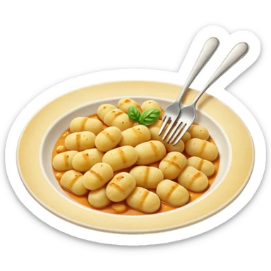 Gnocchi Cinematic Realistic Gnocchi Dish Emoji, depicted as tender oblong potato gnocchi garnished with iconic fork marks on top, rendered with soft textures and warm, inviting lighting. sticker