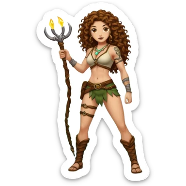 full body woman long curly brown hair brown eyes white skin tattoos muscular build jungle treasure hunter outfit, vine whip, glowing relic sticker