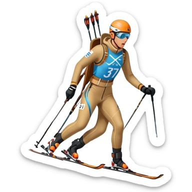 An icon featuring snow-covered trees, distant mountains, and a clear blue sky with a biathlete in motion, holding a rifle and skiing across a snowy course. Transparent background highlights the precision, endurance, and excitement of biathlon. sticker