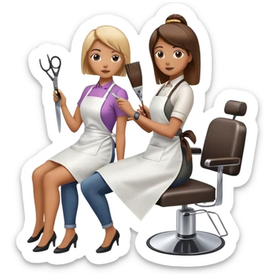woman getting a haircut from a female hairstylist, client sitting in chair with apron, hairstylist standing behind holding scissors sticker