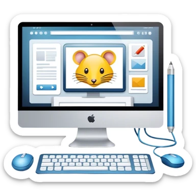Modern icon for Web Design: computer screen with a website layout, design tools like a mouse and a stilus, web elements such as icons and wireframes. Transparent background. sticker