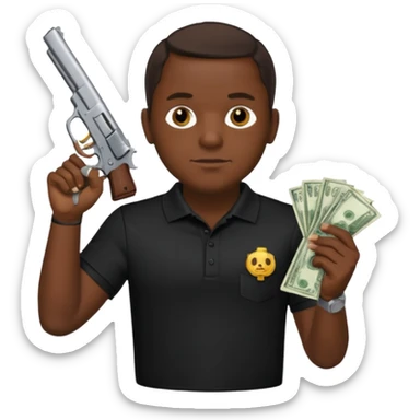 franklin saint from snowfall perhaps holding money and gun but he is with a black polo shirt sticker