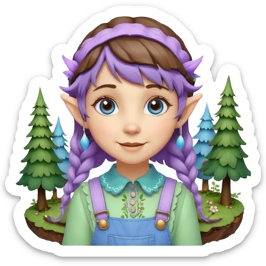 Kind happy whimsical quirky Girl toymaker, wood carving elf. Woodland nature creator. Blue eyes. Short bob, brown wavy hair with bangs. Whimsical playful cute. Overalls with nature embroidered cute shirt collar. Light green, light purple and light blue colour aesthetic  sticker