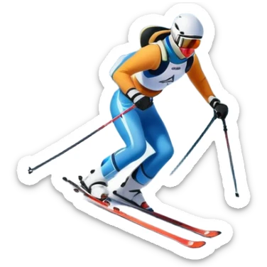 An icon featuring snowy peaks, pine trees, and a picturesque mountain landscape with a skier racing down a snow-covered slope, The sky is blue with soft clouds, capturing the thrill and beauty of alpine skiing. Transparent background highlights the excitement and serenity of winter sports. sticker