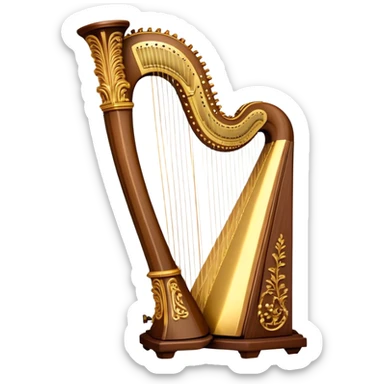Create a luxurious and elegant emoji representing the LOUIS XV SPECIAL harp by the American manufacturer Lion & Healy. The design should feature the intricate, ornate frame of the harp with beautifully detailed carvings, highlighting the classical Louis XV style. Add golden strings and a subtle glimmer to evoke the high-end craftsmanship. Include delicate accents like musical notes flowing around the instrument to symbolize its melodic sound. Use warm, rich colors like gold, mahogany, and deep wood tones to reflect its luxurious and classical design. The background should be transparent. sticker