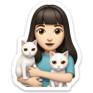 A pale girl with dark brown hair and dark brown eyes and bangs holds a white cat in her hands sticker