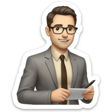 Pale skinned fit man with dark brown hair in gray jacket, beige office shirt, brown tie, brown pants and vintage glasses Writing on the marker board sticker
