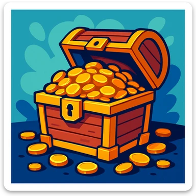 a treasure chest overflowing with gold coins, vibrant cartoon style sticker