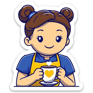 Cute brunette barista girl with hair in a bun wearing yellow shirt and dark blue apron, she's relaxed and making heart-shaped latte art, smiling at the coffee cup with a heart design in the foam sticker