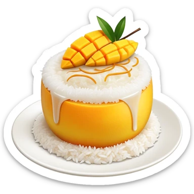 cinematic-realistic-mango-sticky-rice-dessert-emoji,-showcasing-sweet-sticky-rice out of a mould-paired-with-ripe-mango-slices-and-coconut-milk-rendered-with-lifelike-detail-and-warm,-inviting-lighting with the coconut  milk over the rice sticker