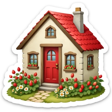 Cottagecore style, highly realistic, whimsical cute, vintage vibe, small cottage with a garden full of wild flowers and colorful realistic red strawberries, with a vintage antique door. Still life design. sticker