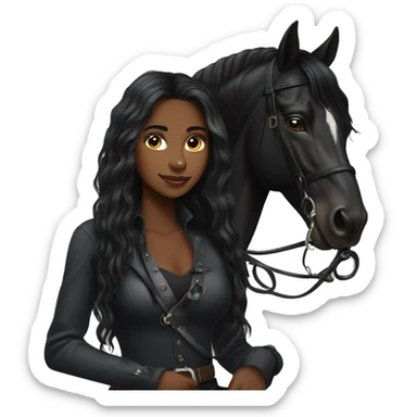 Pretty black equestrian woman long hair holding black stallion reins sticker