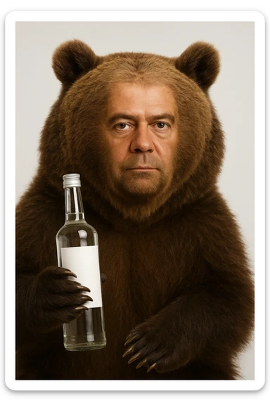 Сгенерируй мне медведя, с лицом этого человека (Дмитрия Медведева). Он держит в руках водку, с пустой этикеткой, без надписей. sticker
